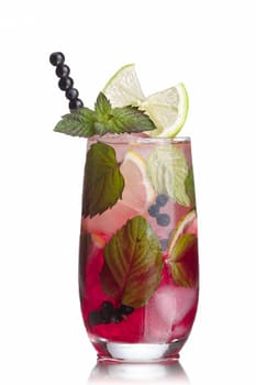 Blueberry mojito garnished with lime slice,skewered blueberries and fresh mint
