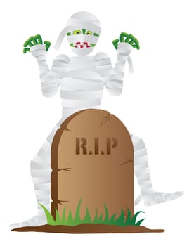 Halloween Mummy Cartoon with Tombstone Isolated on White Background Illustration