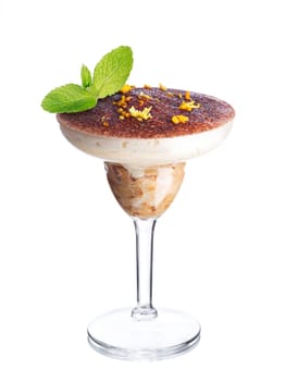 Layered dessert in a glass. American parfait. Sweet food.