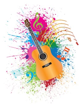 Acoustic Guitar with Musical Notes and Paint Splatter Abstract Effect Color Illustration