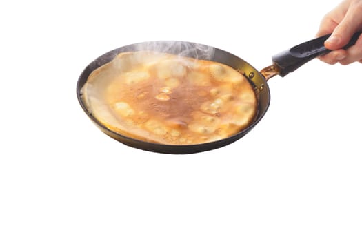 Process of cooking crepe on a frying pan