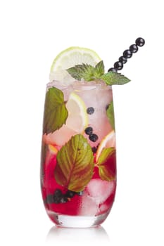 Blueberry mojito garnished with lime slice,skewered blueberries and fresh mint