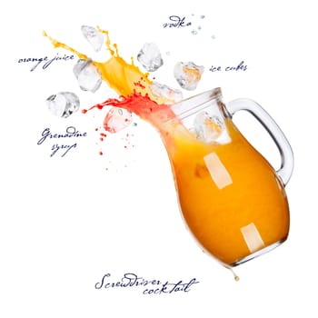 Screwdriver cocktail with spalashes in pitcher. Falling down jug of orange cocktail with vodka