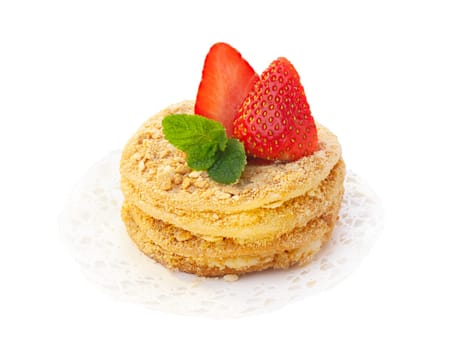 Baked strawberry dessert with cream. Sweet strawberry tart isolated on white