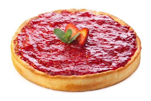 Baked strawberry dessert with cream. Sweet strawberry tart isolated on white