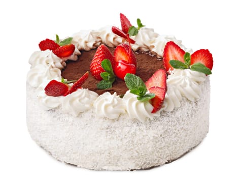 Baked strawberry dessert with cream. Sweet strawberry tart isolated on white