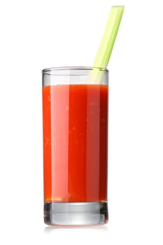 Fresh tomato juice with celery in highball glass isolated on white