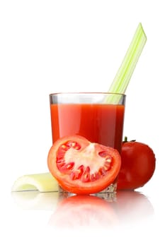 Fresh tomato juice with tomatoes and celery in transparent glass isolated on white