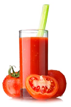 Fresh tomato juice with celery isolated on white