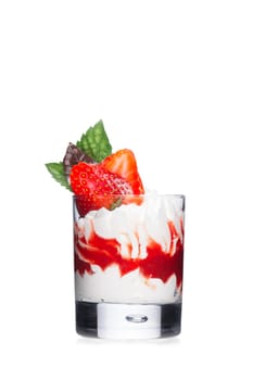 Dessert with chocolate decorated with strawberry and mint leaves. Sweet food. Parfait