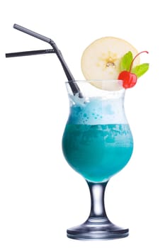Hawaii cocktail. Summer refreshing cocktail with straws decorated with apple slice and cherry