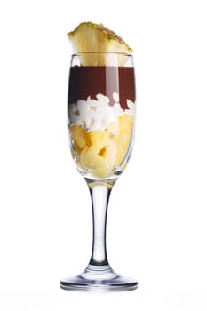 Dessert with chocolate decorated with pineapple slice. Sweet food. Parfait