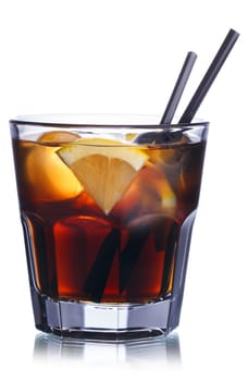 Brandy with cola cocktail. Summer refreshing cocktail with straws
