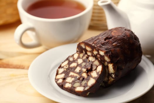 Tea with chocolate dessert. Selective focus. Sweet fod