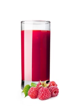 Fresh raspberry smoothie in highball glass with raspberry bunch on foreground isolated on white