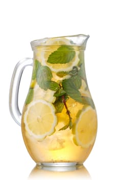 Pitcher of sweet iced green tea with lemon and mint.