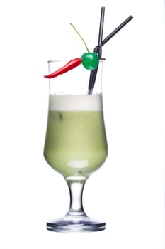 Alcohol cocktail decorated with cherries and tiny red pepper
