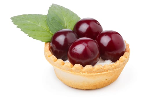 Baked cherry dessert with cream. Sweet cherry tart isolated on white