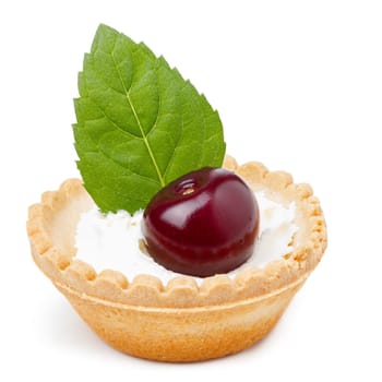 Baked cherry dessert with cream. Sweet cherry tart isolated on white
