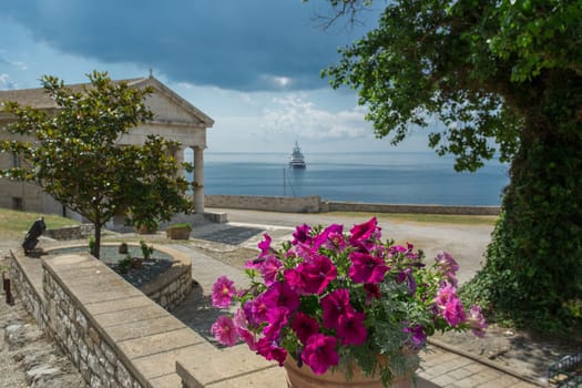 Landscapes of Corfu town of Greece. View from the old fortress. Focus on foreground flowers