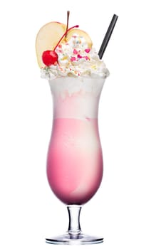 Cocktail with sour cherry. Summer refreshing alcoholic cocktail in hurricane glass decorated with black straw