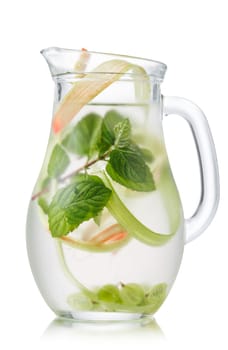 Pitcher of rhubarb gooseberry mint detox water or lemonade. Healthy eating