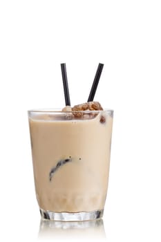 Milk coffee cocktail from frozen coffee cubes in highball glass. Iced milk coffee