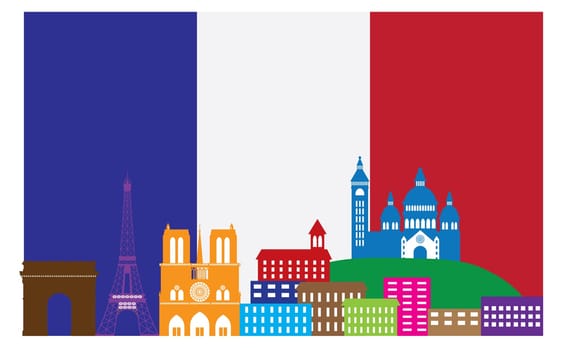 Paris France City Skyline Outline Silhouette in Flag of France Color Isolated on White Background Panorama Illustration