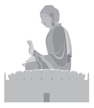 Big Asian Buddha Sitting on Lotus Pad Statue Grayscale Illustration