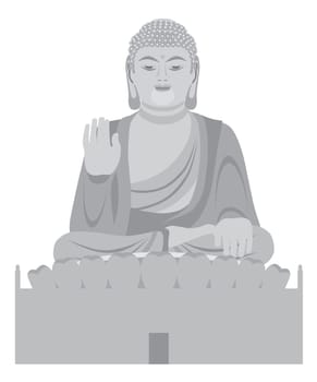 Big Asian Buddha Sitting on Lotus Pad Statue Front Facing Grayscale Illustration