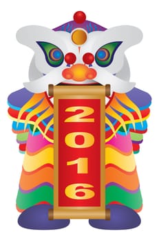 Chinese New Year Colorful Lion Dance Holding Scroll with Numerals 2016 Happy New Year Isolated on White Background Illustration