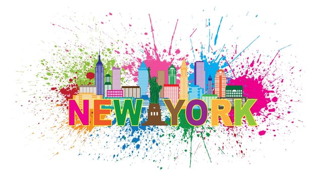New York City Skyline with Statue of Liberty Abstract Paint Splatter Colorful Text Illustration USA America
