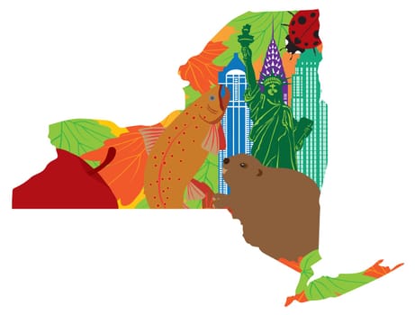 State of New York Official Symbols with Statue of Liberty Beaver Brook Trout Ladybug Big Apple Sugar Maple Leaves in Map Outline Color Illustration
