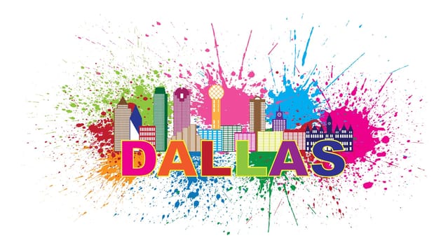 Dallas Texas USA America City Skyline Outline Color Silhouette Panorama with Text and Paint Splatter Abstract Isolated on White Background Illustration