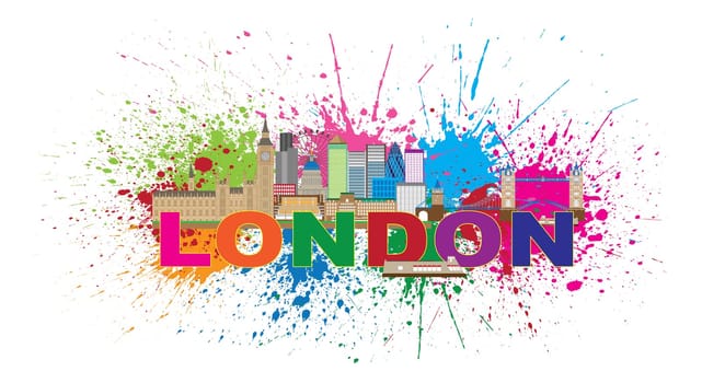 London England Skyline Panorama with Tower Bridge and Westminster Palace Abstract Paint Splatter with Color Text Illustration