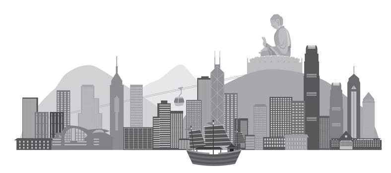 Hong Kong City Skyline and Big Buddha Statue Panorama Grayscale Isolated on White Background Illustration
