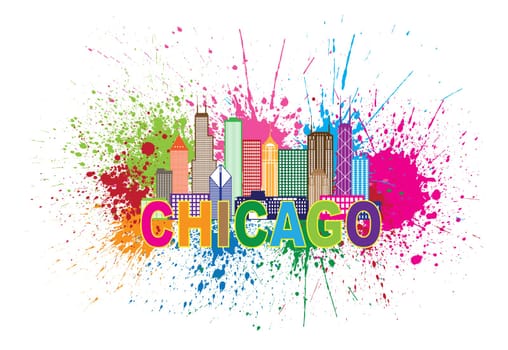 Chicago IL USA America City Skyline Panorama Outline Silhouette Paint Splatter Abstract Colorful Text Isolated on White Background Illustration