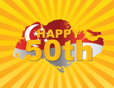 Singapore 2015 Happy 50th National Day Flag in Country Map Silhouette on Sun Rays Background Illustration