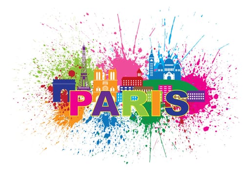 Paris France City Skyline Outline Silhouette Paint Splatter Abstract Colorful Text Isolated on White Background Panorama Illustration