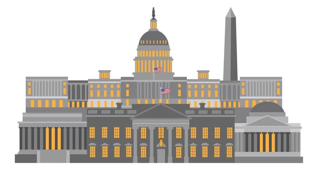 Washington DC Monuments Landmarks Capitol and Memorials Collage Isolated on White background Illustration