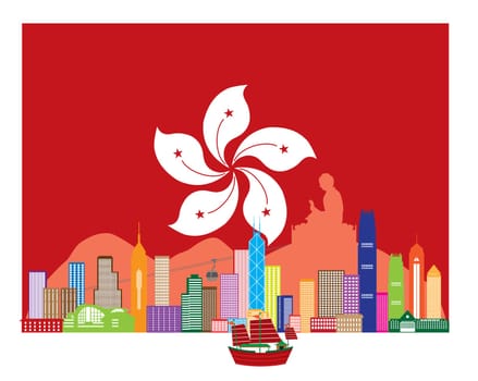 Hong Kong City Skyline and Big Buddha Statue Panorama in Hong Kong Flag Background Color Illustration