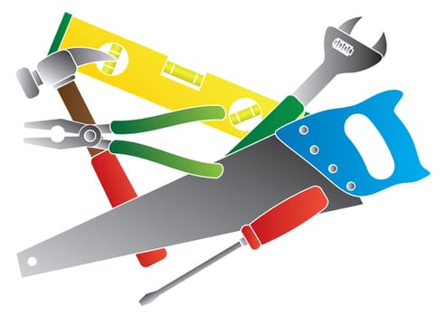 Construction Carpentry Tools Hammer Level Wrench Pliers Wood Saw Screw Driver Collage in Colors Isolated on White Background Illustration
