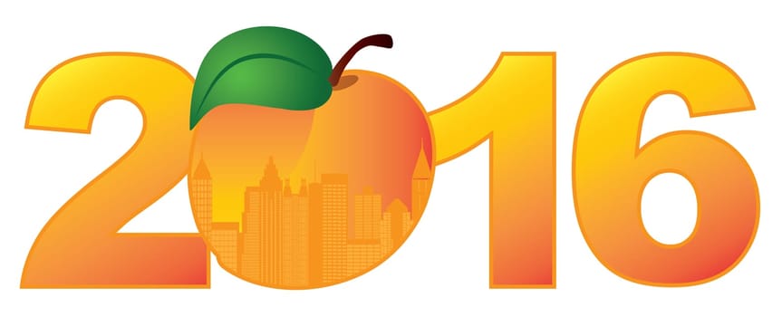 2016 New Year Atlanta Georgia City Skyline in State Official Peach Fruit Outline Silhouette Numerals Color Illustration