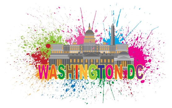 Washington DC Monuments Landmarks Capitol and Memorials Collage with Paint Splatter Abstract Isolated on White background Illustration