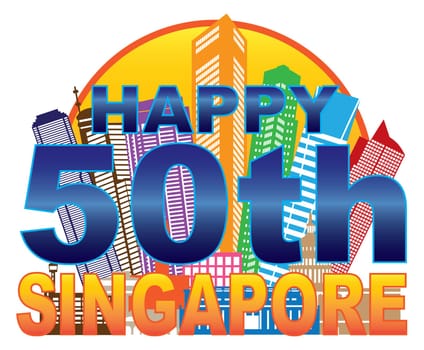 Singapore 2015 Happy 50th National Day City Skyline Silhouette Outline in Circle Color Isolated on White Background Illustration