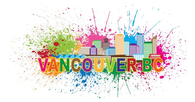 Vancouver British Columbia Canada City Skyline Color Text with Abstract Paint Splatter Illustration