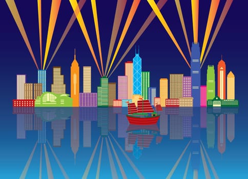 Hong Kong City Night Skyline with Laser Light Rays Panorama Color on Blue Background Illustration