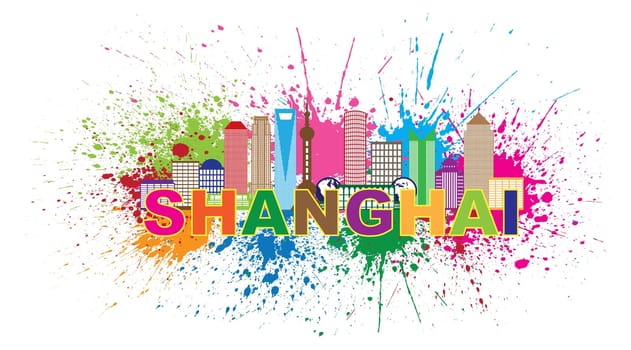 Shanghai China City Skyline Outline Silhouette Color Text Paint Splatter Abstract Isolated on White Background Illustration