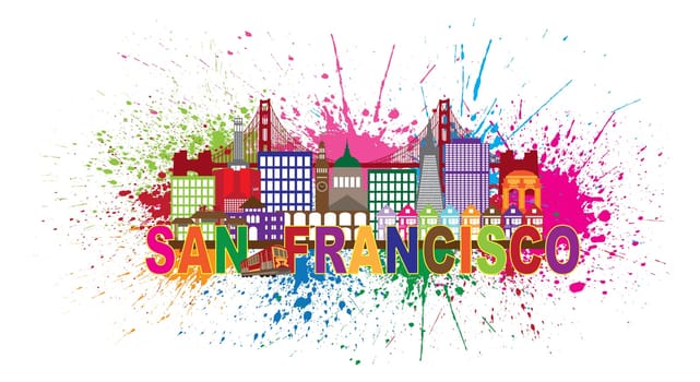 San Francisco California City Skyline with Golden Gate Bridge Color Text with Abstract Paint Splatter Illustration