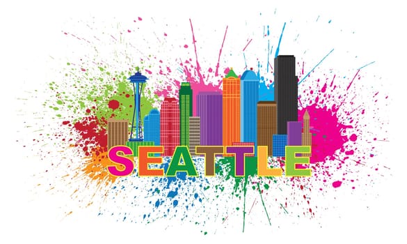 Seattle Washington Downtown City Skyline USA America Color Text Paint Splatter Abstract Isolated on White Background Illustration